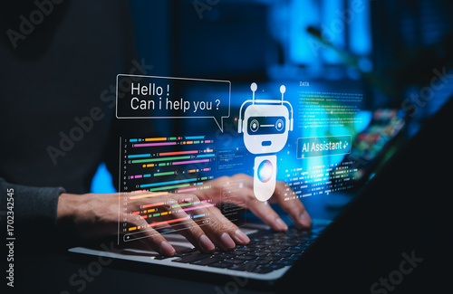 AI coding assistant for software development concept. Machine Learning Code, Programmer use laptop with code and AI robot represent artificial intelligence, AI programming, software development tools,