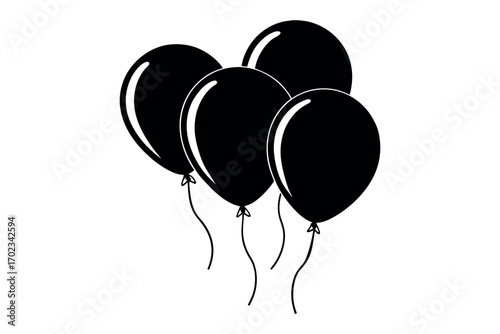 black balloons floating gracefully against white background silhouette