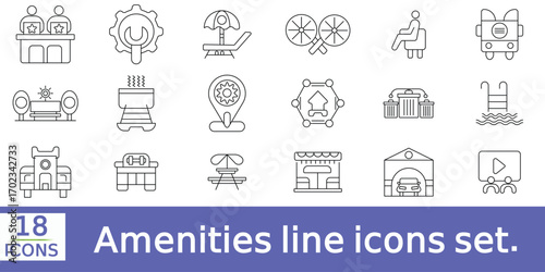  Amenities line icons set. Amenities outline icons with editable stroke collection.
