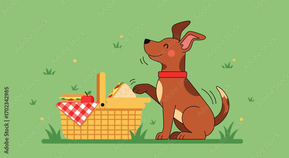 Fototapeta premium A Canine's Delight: Playful Dog Spotting Food at a Sunny Picnic Spot