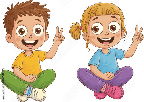 Happy cartoon boy and girl sitting cross-legged, smiling children showing peace signs, cute kids illustration, playful childhood, friendship, cheerful expression, colorful clothing, positive emotions.