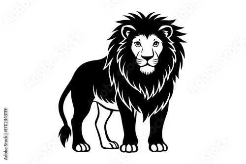 a majestic lion stands proudly with mane flowing silhouette