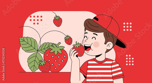 A Cheerful Young Person Relishing A Freshly Plucked Strawberry Fruit Delight