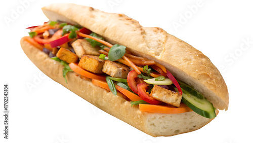 Crisp baguette banh mi with tofu and vibrant vegetables on a bright white and transparent background