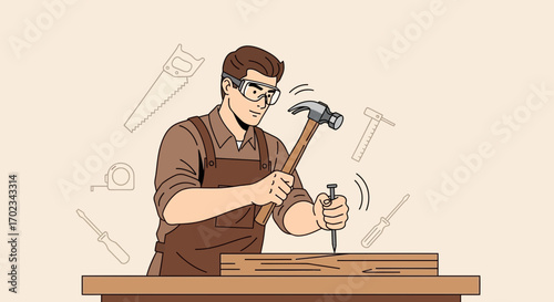 A Competent Carpenter Working With Wood and a Hammer Inside a Workshop Illustration