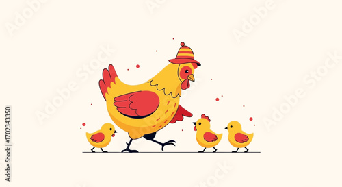Animated Mother Hen With Chickens, Walking in a Single Line, Happy Family