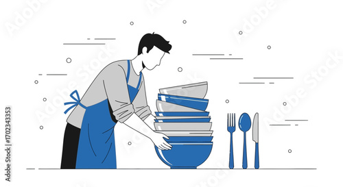 Animated Person Arranging Clean Dishware and Cutlery Ready For Service, Minimal Design