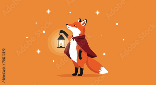 A Curious Fox Wearing a Cape and Carrying Lantern with Shimmering Stars Around