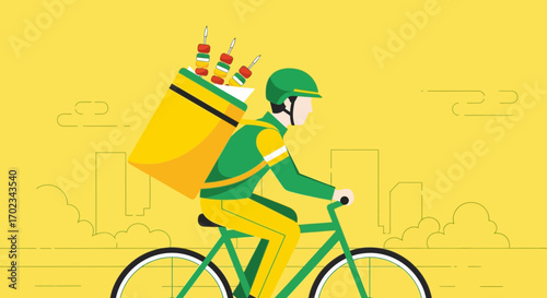 A Delivery Courier Cycling With Food in The City, Ready to Deliver Orders to Customer Homes