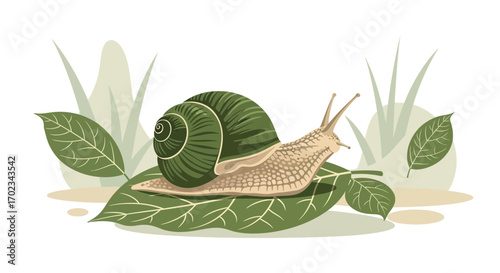 Animated Snail Gliding Across Leafy Landscape, Displaying Naturalist Delights and Botanical Beauty