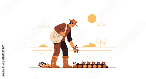 A Farmer Tending His Crop Of Vegetables Under The Morning Sun On The Farmland