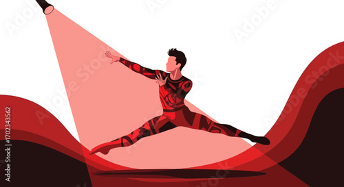 A Dynamic Dancer Performing Under Spotlight Amidst Abstract Crimson Swirls
