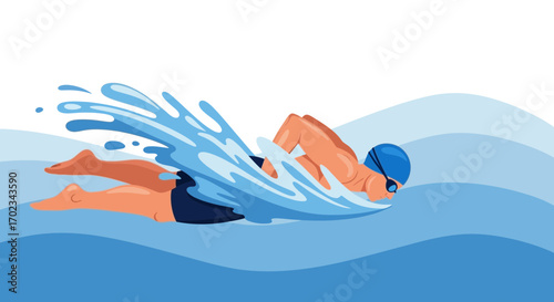Animated Swimmer Gliding Across Water in a Stylized Aquatic Environment Vector
