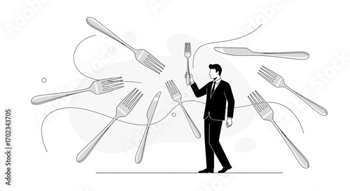 A Gentleman Selects Cutlery Amidst Abstract Elements, Symbolizing Choice and Decision