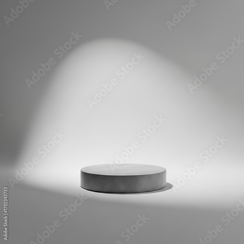 A simple, round, gray concrete pedestal sits centrally illuminated in a minimalist, grayscale  setting.