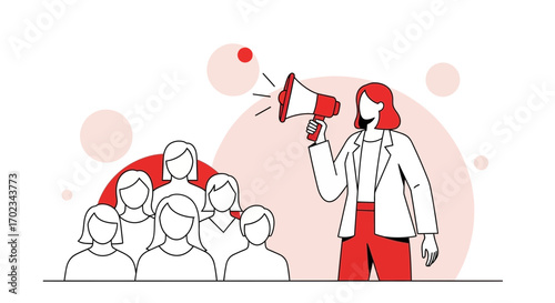 Announcing Ideas: Woman Amplifier Speaker Sharing Message with Group, Speaking Out Loud