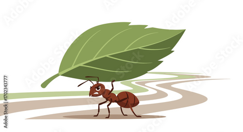 Ant Struggles To Carry Large Green Leaf While Walking Along Winding Path