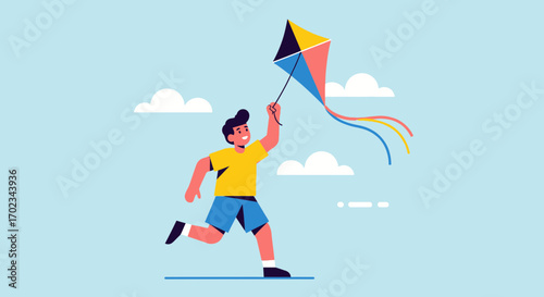 A Joyful Youth Runs Forward Holding a Kite, Embracing the Freedom of Play