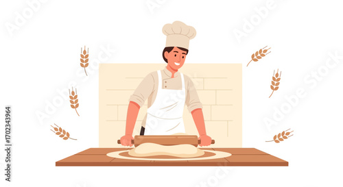Artisan Baker Expertly Rolling Dough In Whimsical And Elegant Kitchen Illustration