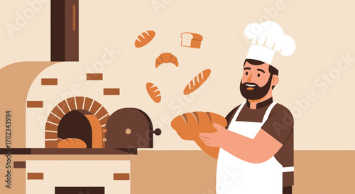 Artisan Baker Presenting Freshly Baked Bread Near a Traditional Brick Oven with Different Forms