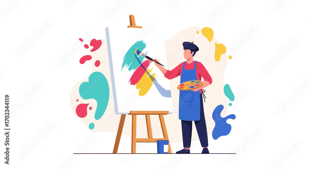 Fototapeta premium Artist Creating A Vibrant Artwork With Brush And Palette On A White Canvas