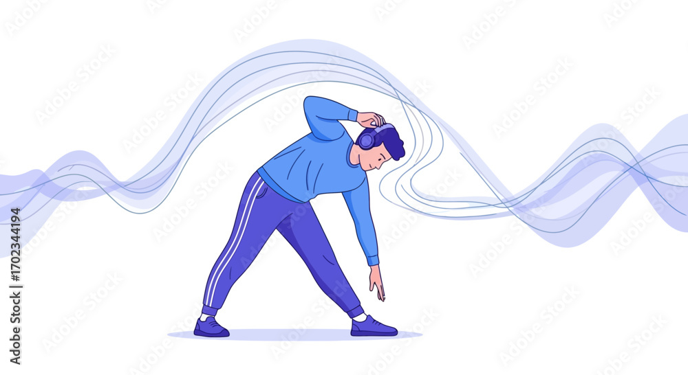 Fototapeta premium A Man Listens To Music While Exercising With Soundwaves Around Him