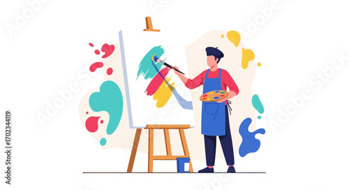 Artist Creating A Vibrant Artwork With Brush And Palette On A White Canvas