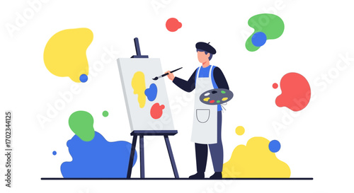 Artist Creating Abstract Art Using Brush, Palette, and Acrylic Paints on Canvas