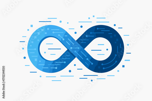 Modern infinity symbol with a blue gradient and digital elements representing endlessness