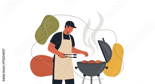 A Man Grilling Delicious Food On A Summer Day With Abstract Decorations