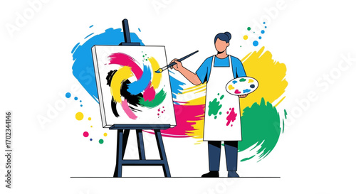 Artist Painting Abstract Art On Canvas With Swirling Colors And Palette For Visual Appeal
