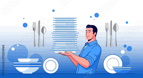A Man Holding a Stack of Plates, Surrounded by Cutlery and Dinnerware Elements