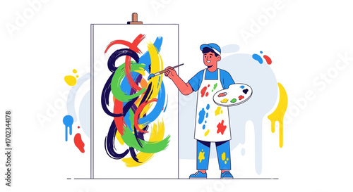 Artist Painting Abstract Artwork With Vibrant Colors On The Canvas Board