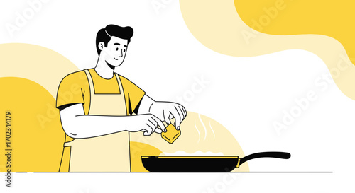 A Man Is Cooking Food In A Pan, Minimalist Illustration Suitable For Cookbooks