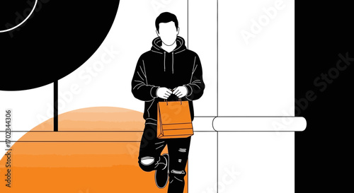 A Modern Illustration Of Man Holding Shopping Bag, Leaning Against A Wall, Minimalist Art
