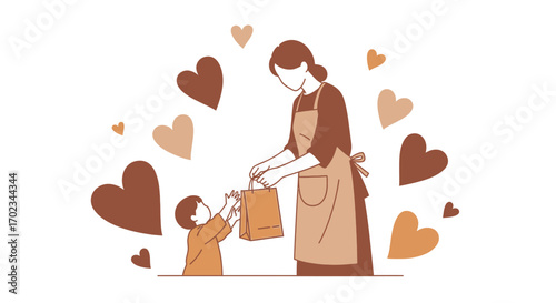 A Mother Shares a Gift With her Child, Surrounded by Hearts of Affection