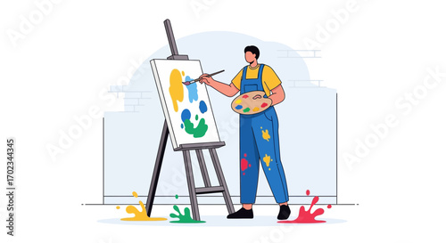 Artist Painting Vibrant Artistry on Canvas with Palette, Brush, and Creative Splashes