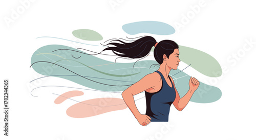A Muscular Female Runner with Long Flowing Hair and Energetic Abstract Background