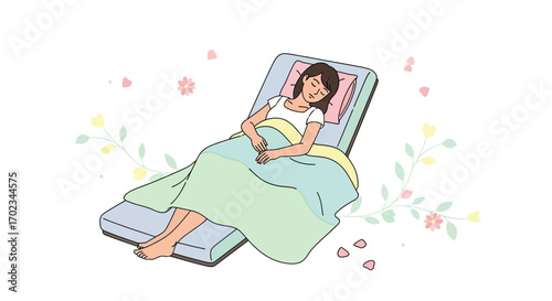 A Peaceful Slumber: Woman Resting Comfortably In Bed Surrounded By Floral Accents