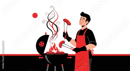 A Person Grilling Sausages On A Barbecue Grill With Flames And Decorative Smoke Elements