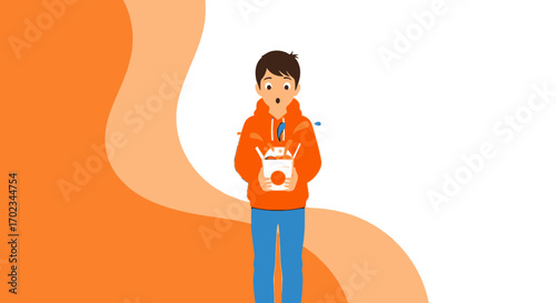 Astonished Man Holding Takeout Package Against Orange Wavy Shape Background