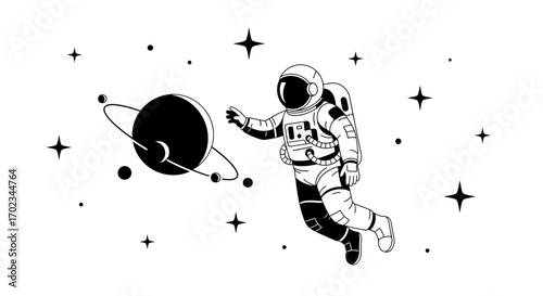 Astronaut Exploring Deep Space Near a Planet with Rings and Celestial Elements