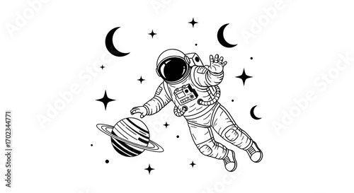 Astronaut Floating Among Celestial Bodies Reaching For a Planetary Object In The Cosmos