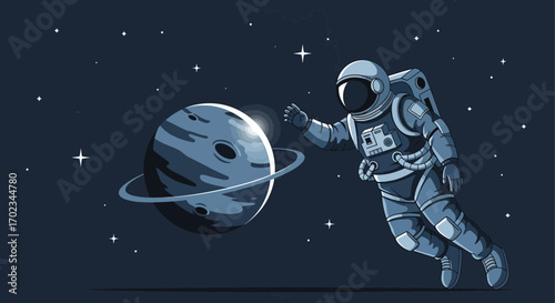 Astronaut Exploring The Cosmos Next To Oversized Exoplanet And Floating In The Depths Of Space