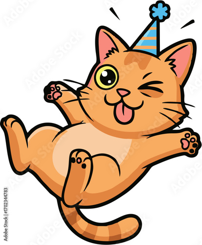 Joyful and playful orange tabby cat character wearing a party hat, winking happily for a festive celebration. Cute cartoon kitten vector illustration
