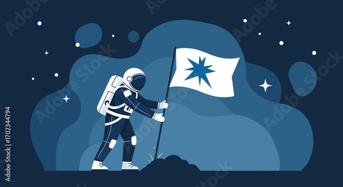 Astronaut Planting Flag On Distant Planet, Representing Exploration And Discovery