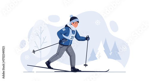 Athlete Cross-Country Skiing in Winter Wonderland, Enjoying Outdoor Recreation, Illustration