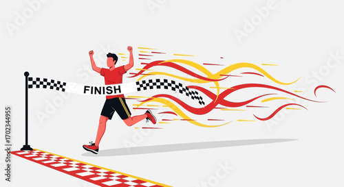 Athlete Crossing Finish Line in Race Amidst Dynamic Graphical Streaks of Speed