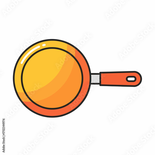 A simple cartoon illustration of a bright orange and yellow frying pan with a handle.