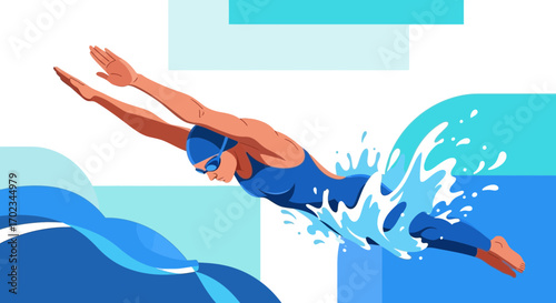 Athlete Diving Into The Ocean, Showing Great Form, With Colorful Waves And Bright Shades